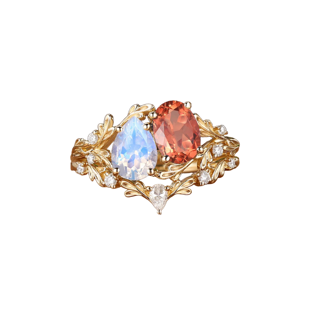 Twin Leaf Garland Ring in Moonstone & Mandarin Orange