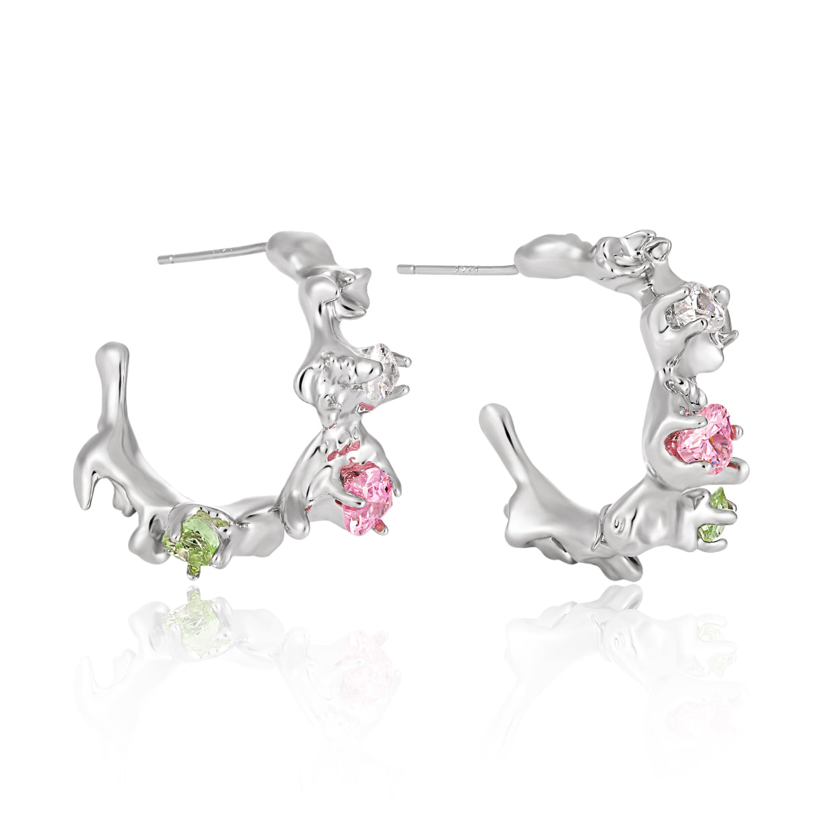 Garden Reverie Earrings in Silver and Pink and Green